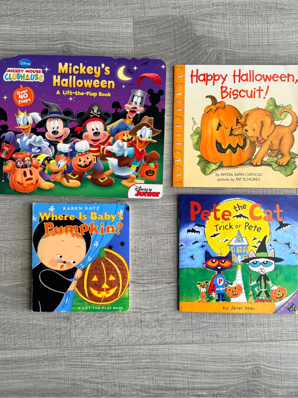 4 Halloween Lift-the-Flap Books Disney Mickey Mouse, Pete the Cat & Biscut